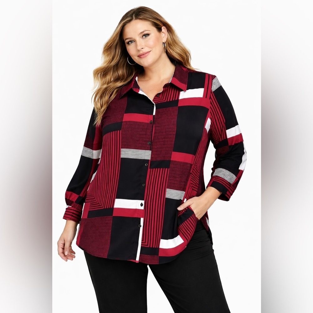 Susan Graver Geometric‎ Button Blouse Red Black 1X